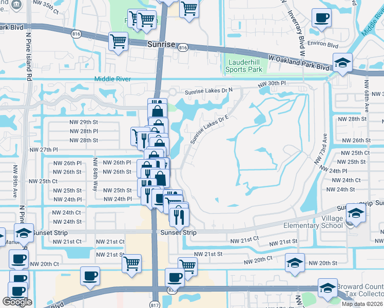 map of restaurants, bars, coffee shops, grocery stores, and more near 8040 Northwest 27th Court in Sunrise