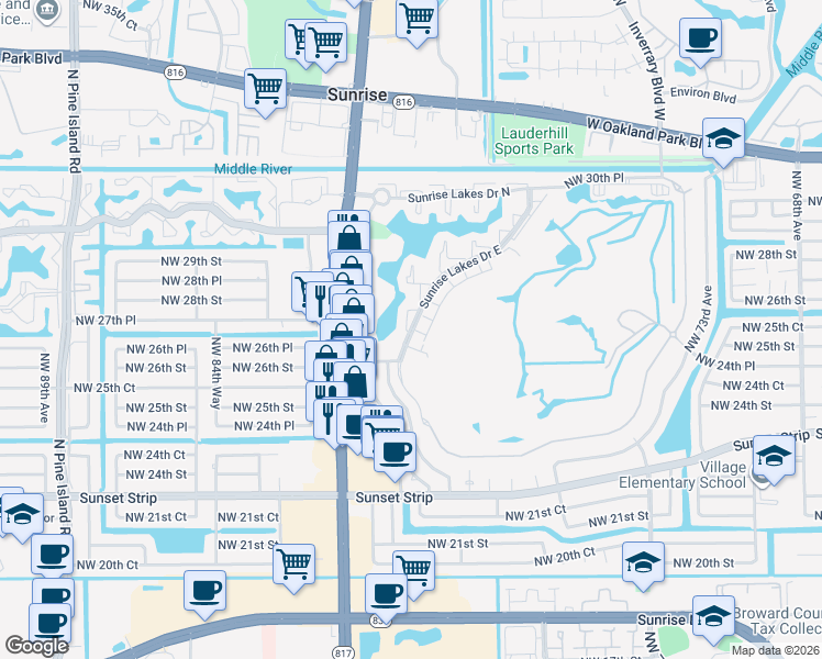 map of restaurants, bars, coffee shops, grocery stores, and more near 8040 Northwest 27th Court in Sunrise