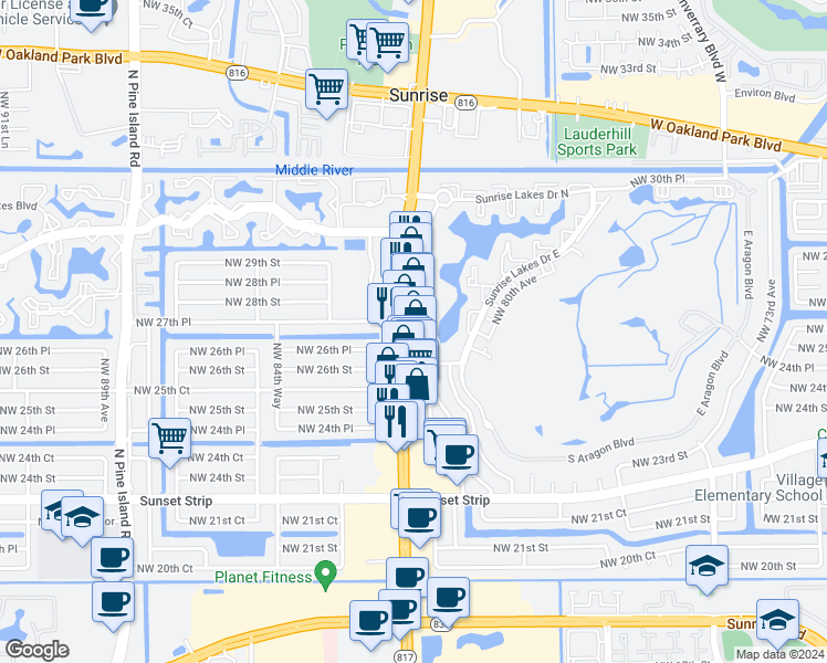 map of restaurants, bars, coffee shops, grocery stores, and more near 2675 Florida 817 in Sunrise