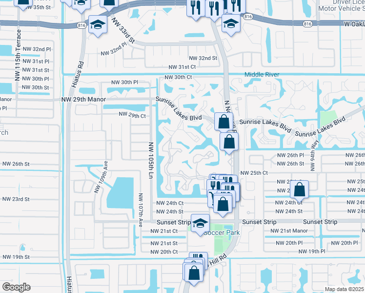 map of restaurants, bars, coffee shops, grocery stores, and more near 2638 Northwest 104th Avenue in Sunrise