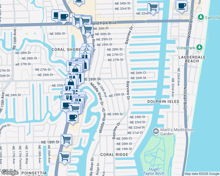 map of restaurants, bars, coffee shops, grocery stores, and more near 2516 Northeast 26th Terrace in Fort Lauderdale