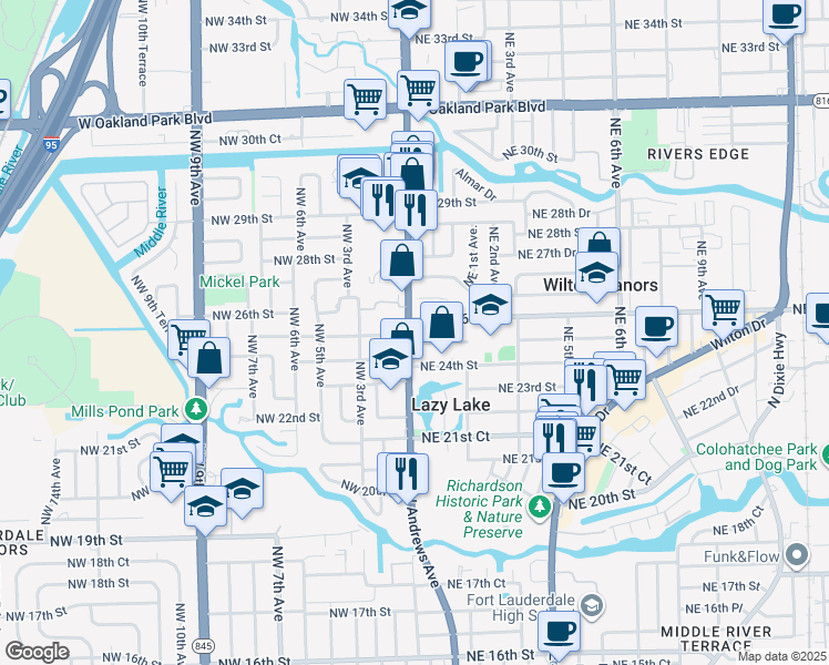 map of restaurants, bars, coffee shops, grocery stores, and more near 2425 North Andrews Avenue in Wilton Manors