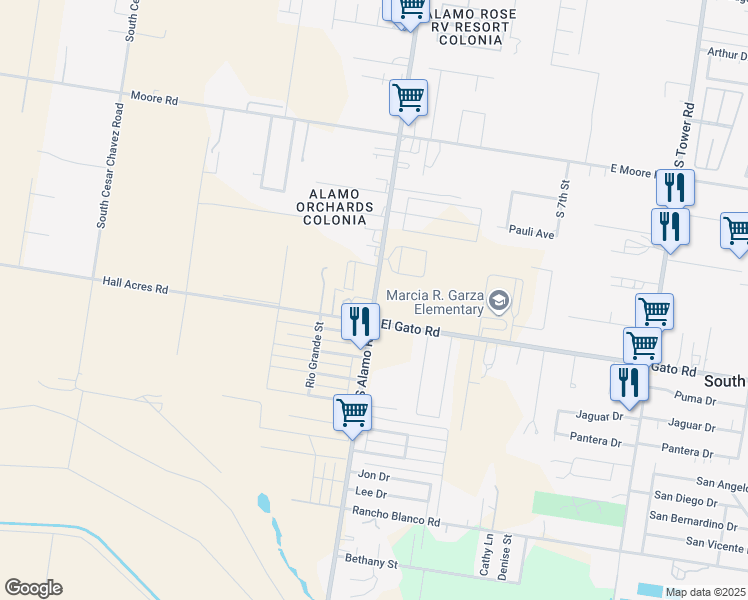 map of restaurants, bars, coffee shops, grocery stores, and more near South Alamo Road in Alamo