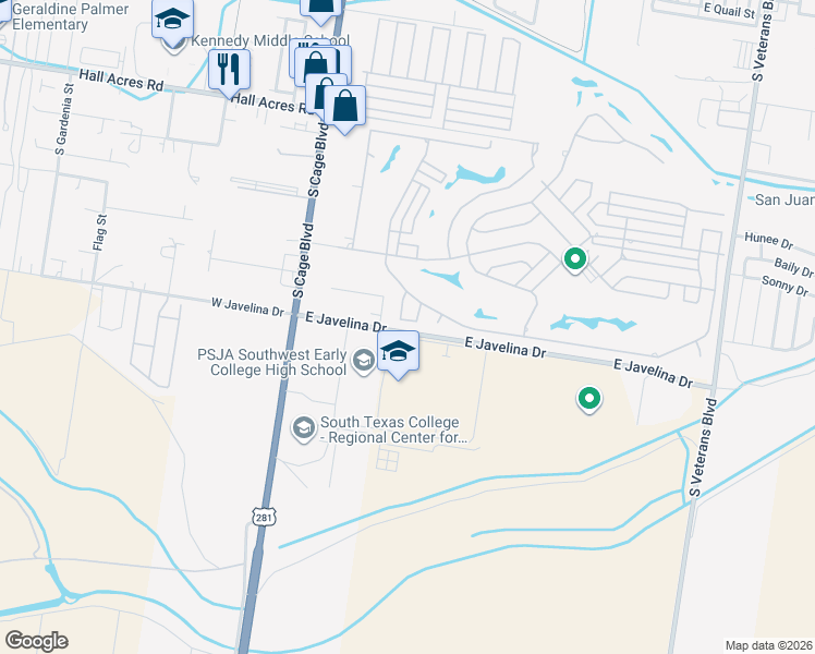 map of restaurants, bars, coffee shops, grocery stores, and more near 3030 Ashley Place in Pharr