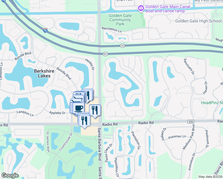 map of restaurants, bars, coffee shops, grocery stores, and more near 7829 Meridan Court in Naples