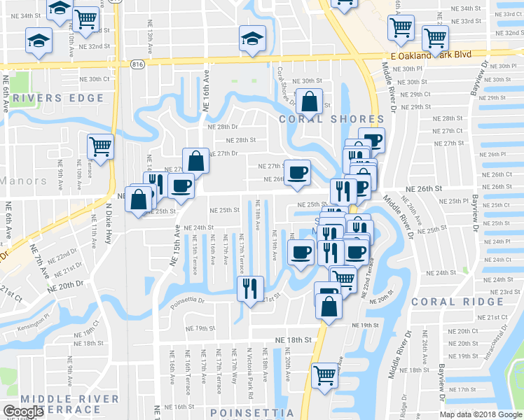 map of restaurants, bars, coffee shops, grocery stores, and more near 2500 Northeast 18th Avenue in Wilton Manors