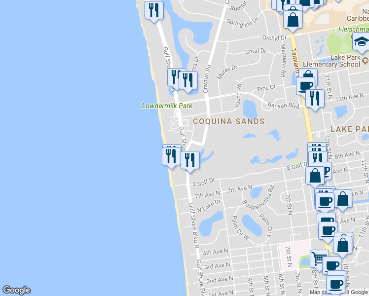 map of restaurants, bars, coffee shops, grocery stores, and more near 1031 Gulf Shore Boulevard North in Naples