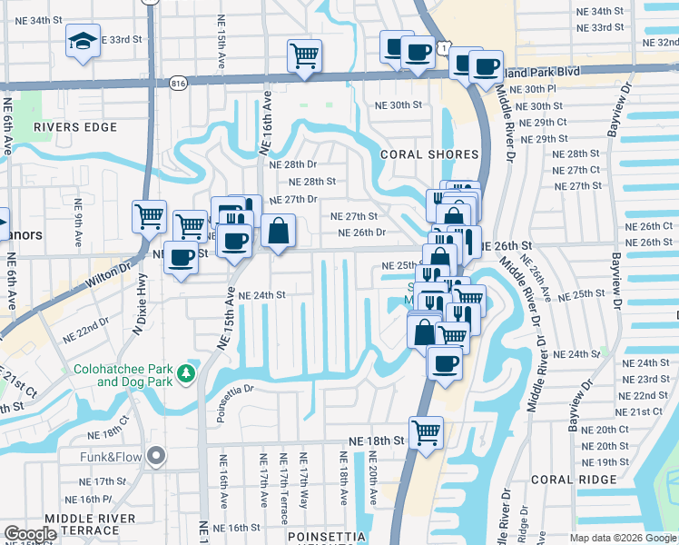 map of restaurants, bars, coffee shops, grocery stores, and more near 2500 Northeast 18th Avenue in Wilton Manors