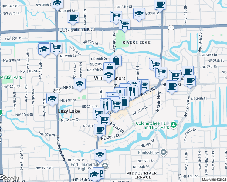 map of restaurants, bars, coffee shops, grocery stores, and more near 539 Northeast 25th Street in Wilton Manors