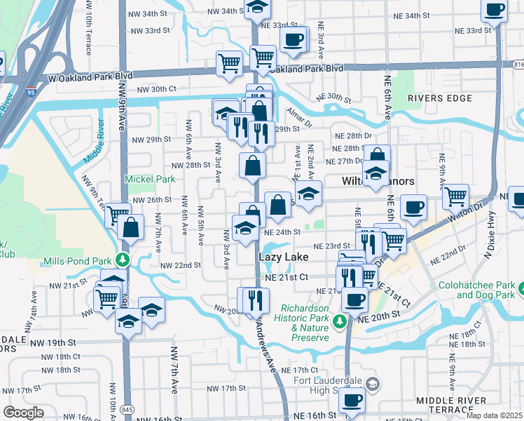 map of restaurants, bars, coffee shops, grocery stores, and more near 2520 North Andrews Avenue in Wilton Manors