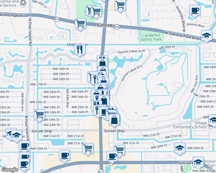 map of restaurants, bars, coffee shops, grocery stores, and more near 2700 Sunrise Lakes Drive West in Sunrise