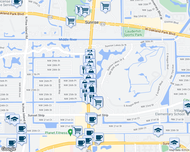 map of restaurants, bars, coffee shops, grocery stores, and more near 2700 Sunrise Lakes Drive West in Sunrise
