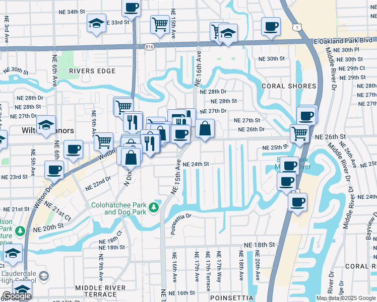 map of restaurants, bars, coffee shops, grocery stores, and more near 2500 Northeast 15th Avenue in Wilton Manors