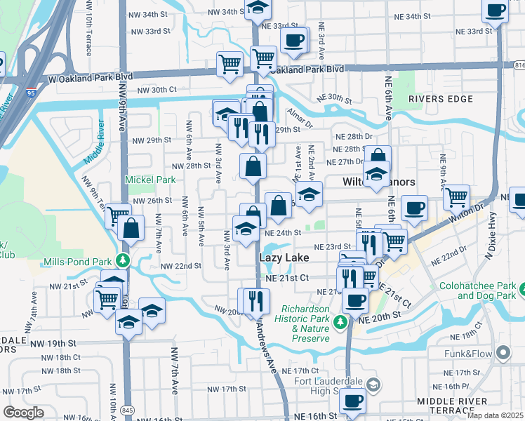 map of restaurants, bars, coffee shops, grocery stores, and more near 2425 North Andrews Avenue in Wilton Manors