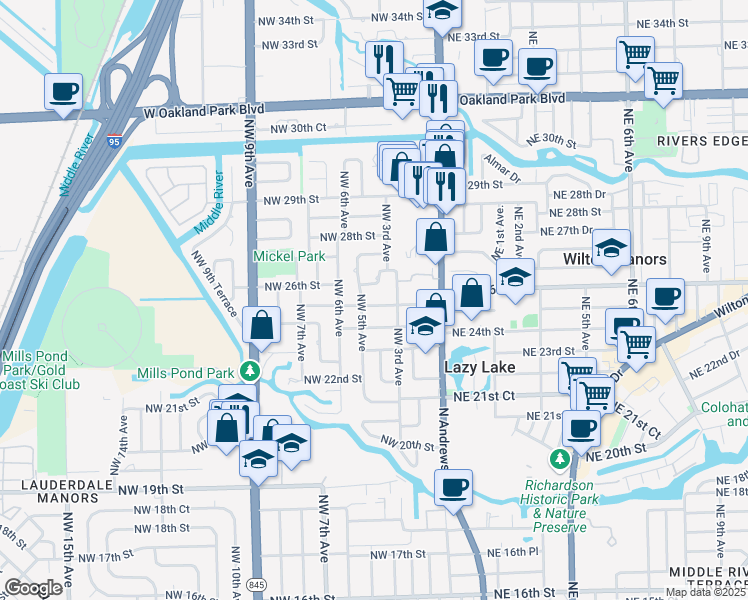 map of restaurants, bars, coffee shops, grocery stores, and more near 432 Northwest 25th Street in Wilton Manors