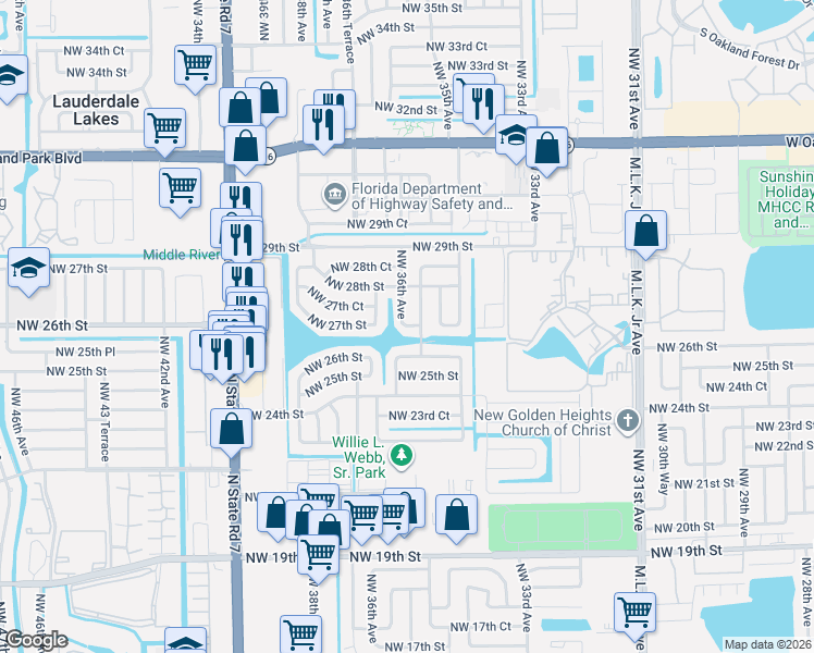 map of restaurants, bars, coffee shops, grocery stores, and more near 3588 Northwest 27th Street in Lauderdale Lakes