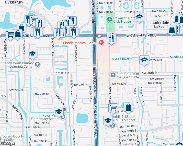 map of restaurants, bars, coffee shops, grocery stores, and more near 2506 Northwest 52nd Avenue in Lauderhill