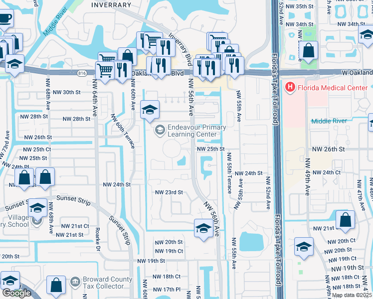map of restaurants, bars, coffee shops, grocery stores, and more near in Lauderhill