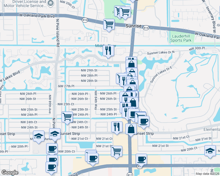 map of restaurants, bars, coffee shops, grocery stores, and more near 8393 Northwest 26th Place in Sunrise