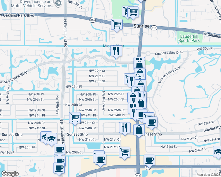 map of restaurants, bars, coffee shops, grocery stores, and more near 8393 Northwest 26th Place in Sunrise