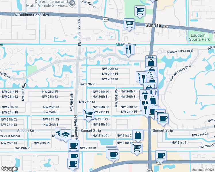 map of restaurants, bars, coffee shops, grocery stores, and more near 8521 Northwest 26th Place in Sunrise
