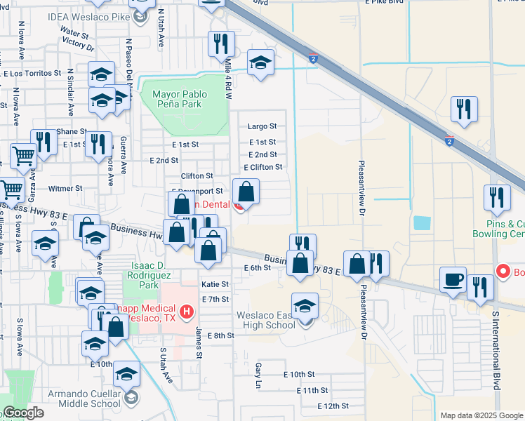 map of restaurants, bars, coffee shops, grocery stores, and more near 415 South Airport Drive in Weslaco