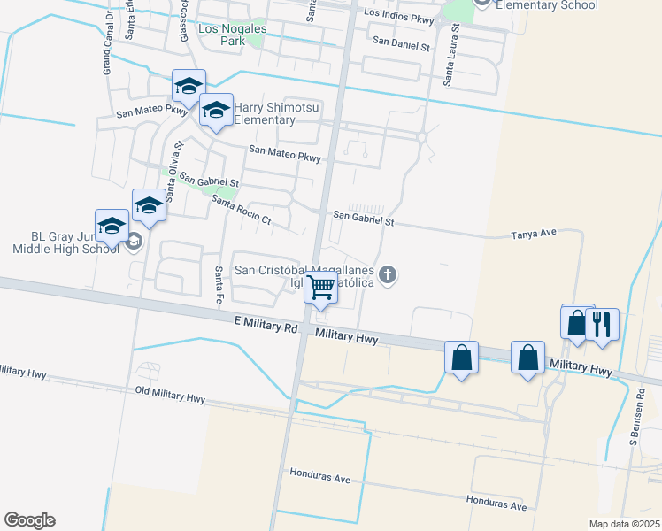 map of restaurants, bars, coffee shops, grocery stores, and more near 4405 South Shary Road in Mission