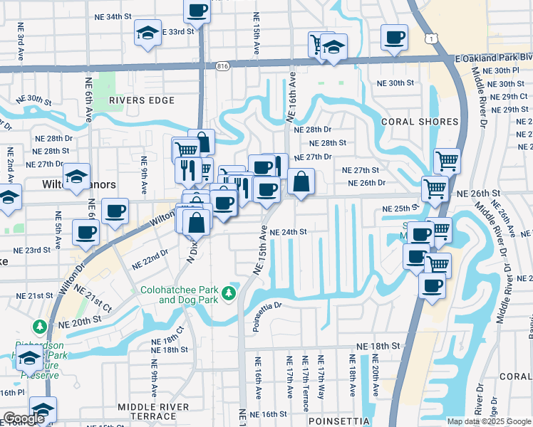 map of restaurants, bars, coffee shops, grocery stores, and more near 2505 Northeast 15th Avenue in Wilton Manors