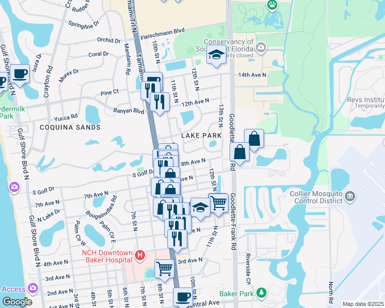 map of restaurants, bars, coffee shops, grocery stores, and more near 1055 8th Avenue North in Naples