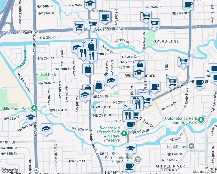 map of restaurants, bars, coffee shops, grocery stores, and more near 2401 Northeast 3rd Avenue in Wilton Manors
