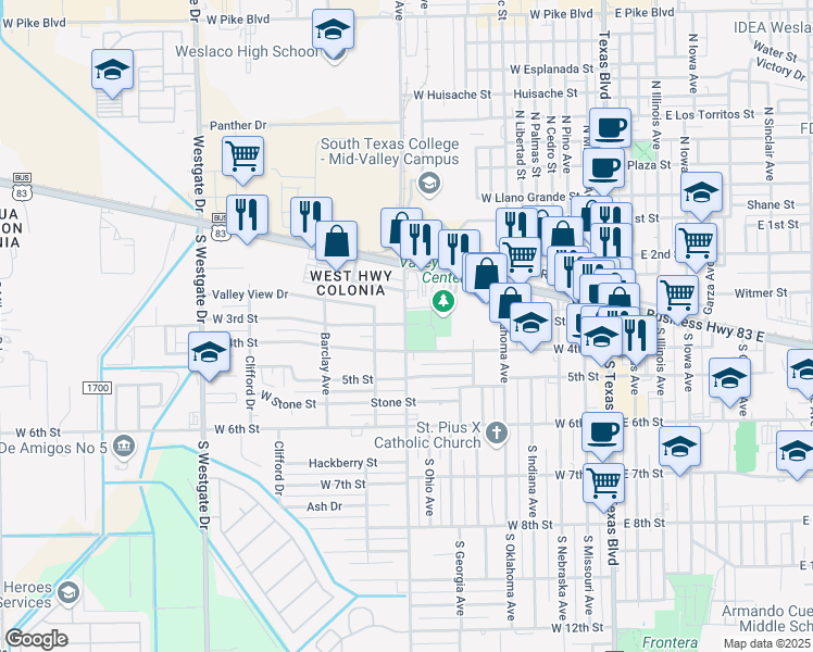 map of restaurants, bars, coffee shops, grocery stores, and more near 301 South Border Avenue in Weslaco