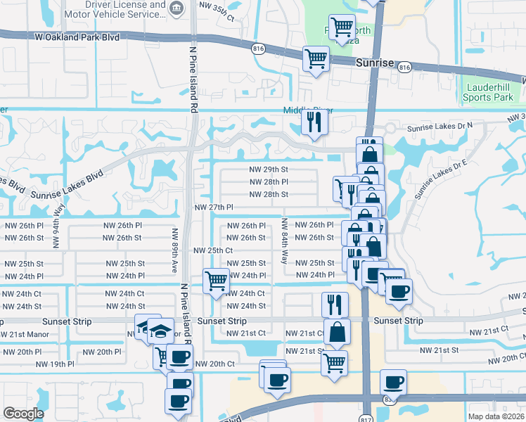 map of restaurants, bars, coffee shops, grocery stores, and more near 8521 Northwest 26th Place in Sunrise