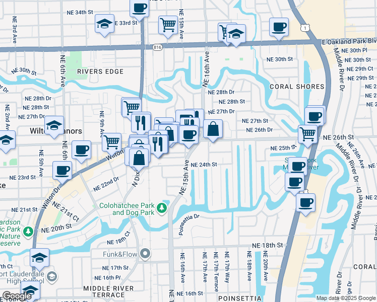 map of restaurants, bars, coffee shops, grocery stores, and more near 2505 Northeast 15th Avenue in Wilton Manors