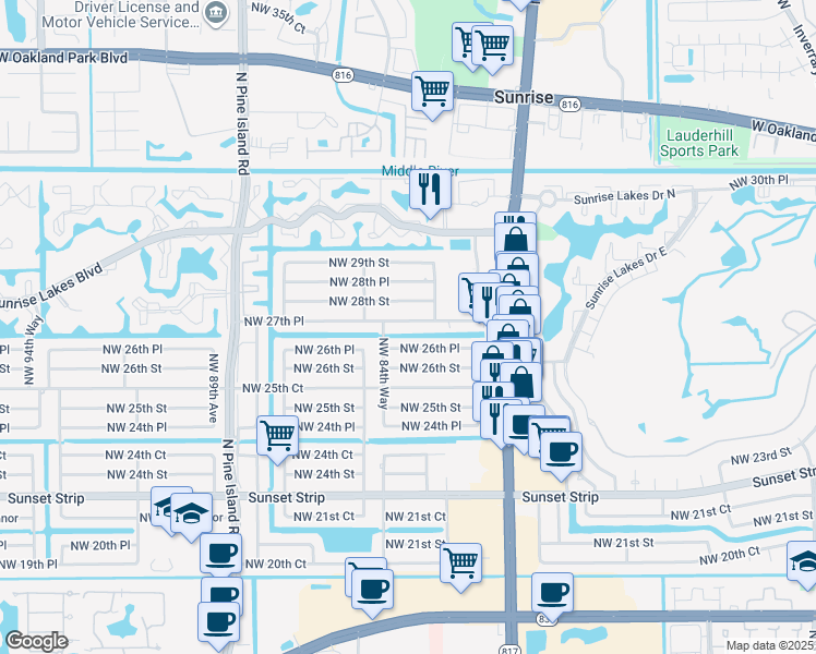 map of restaurants, bars, coffee shops, grocery stores, and more near 8393 Northwest 26th Place in Sunrise