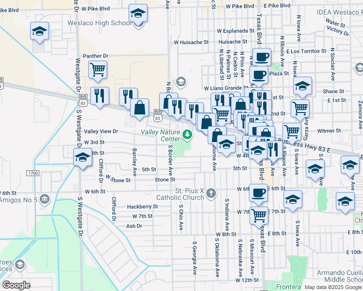 map of restaurants, bars, coffee shops, grocery stores, and more near 301 South Border Avenue in Weslaco
