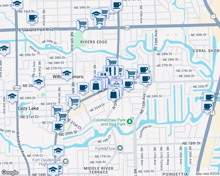 map of restaurants, bars, coffee shops, grocery stores, and more near 2408 Northeast 11th Avenue in Wilton Manors