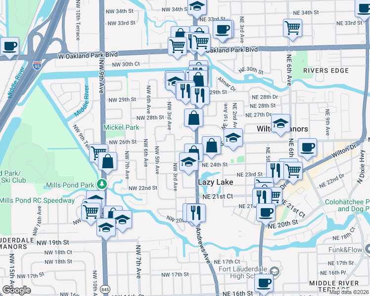 map of restaurants, bars, coffee shops, grocery stores, and more near 201 Northwest 25th Street in Wilton Manors