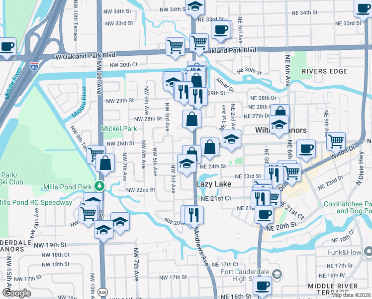 map of restaurants, bars, coffee shops, grocery stores, and more near 131 Northwest 25th Street in Wilton Manors