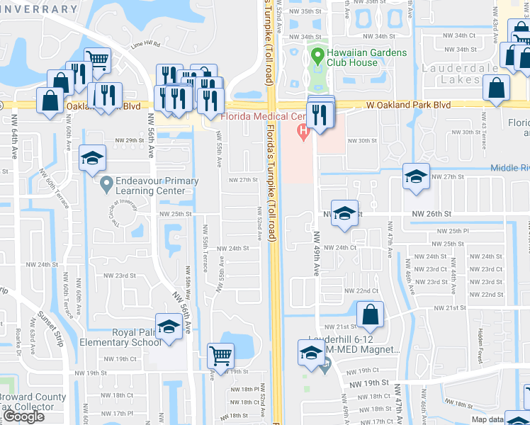 map of restaurants, bars, coffee shops, grocery stores, and more near 2506 Northwest 52nd Avenue in Lauderhill