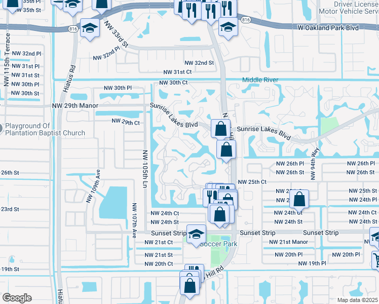 map of restaurants, bars, coffee shops, grocery stores, and more near 2602 Northwest 103rd Avenue in Sunrise