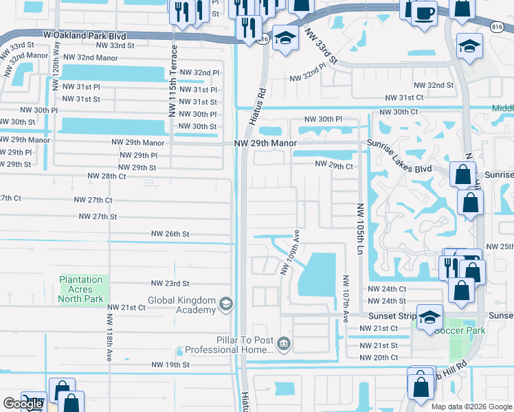 map of restaurants, bars, coffee shops, grocery stores, and more near 11115 Northwest 27th Street in Sunrise