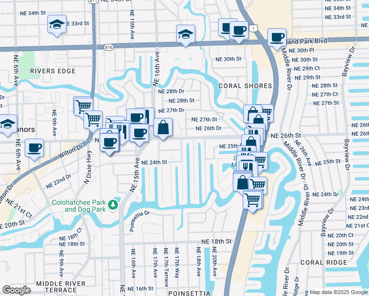 map of restaurants, bars, coffee shops, grocery stores, and more near 2415 Northeast 17th Terrace in Wilton Manors