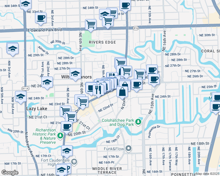 map of restaurants, bars, coffee shops, grocery stores, and more near 2449 Wilton Drive in Wilton Manors