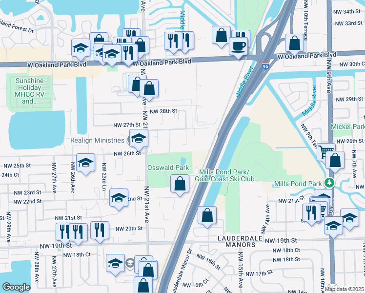 map of restaurants, bars, coffee shops, grocery stores, and more near 2613 Northwest 18th Terrace in Oakland Park