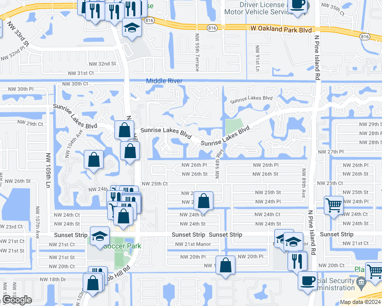 map of restaurants, bars, coffee shops, grocery stores, and more near 9460 Sunrise Lakes Boulevard in Sunrise