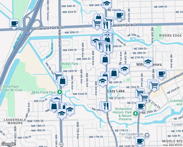 map of restaurants, bars, coffee shops, grocery stores, and more near 432 Northwest 25th Street in Wilton Manors