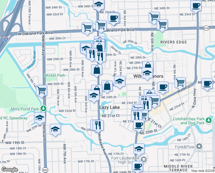 map of restaurants, bars, coffee shops, grocery stores, and more near 43 Northeast 25th Street in Wilton Manors
