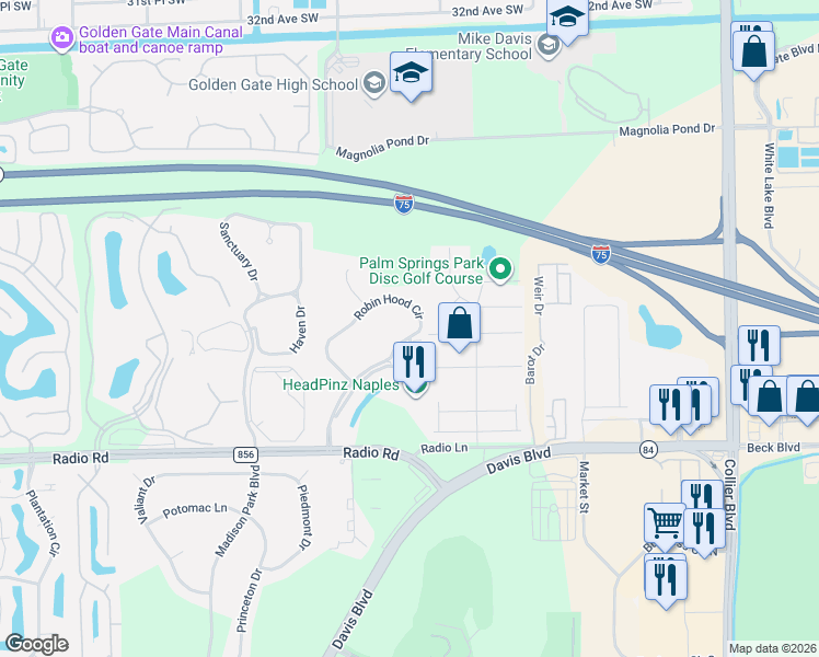 map of restaurants, bars, coffee shops, grocery stores, and more near 337 Robin Hood Circle in Naples