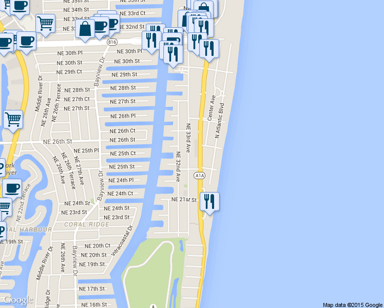 map of restaurants, bars, coffee shops, grocery stores, and more near 2313 North Ocean Boulevard in Fort Lauderdale