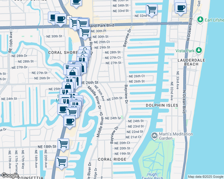 map of restaurants, bars, coffee shops, grocery stores, and more near 2516 Northeast 26th Terrace in Fort Lauderdale